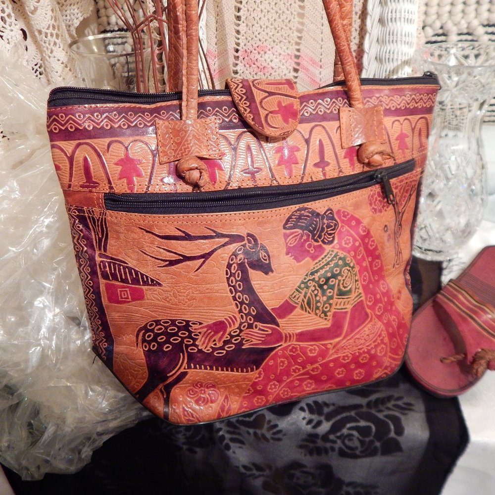 Vintage Handpainted Leather Handbag, Handmade Ivory Coast, West Africa, C. 1970